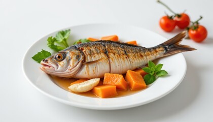 fresh seafood on a white plate, beautifully placed against a white background with soft blur, photographed in 4k resolution.