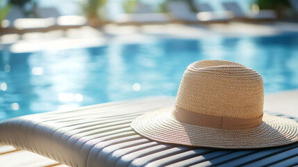 Portrait of a wide-brimmed straw hat placed on a sun lounger with a swimming pool in the background 