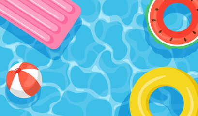 Summer pool party background. Inflatable toys, mattress and water surface. Flat vector illustration