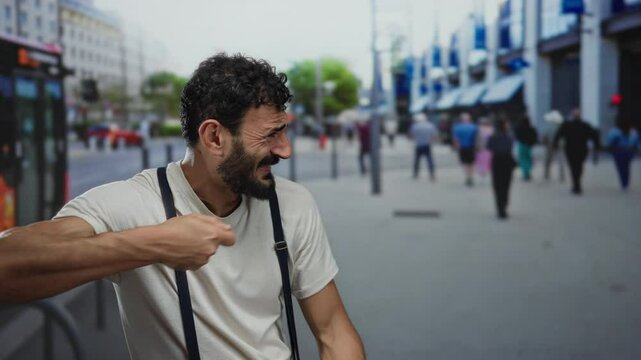 Hispanic man with beard mimics pulling rope on busy street, surrounded by pedestrians and urban setting, creating a lively and interactive outdoor scene.