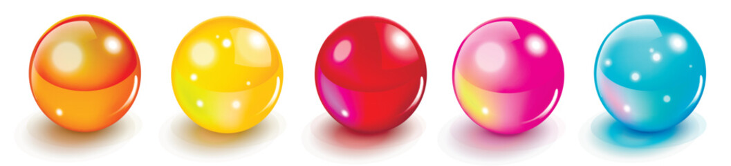 Colorful Glass Spheres. Realistic Vector Illustration of Glossy Transparent Balls.