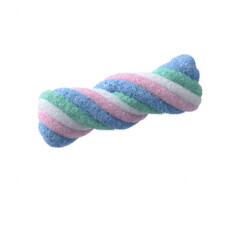 A colorful twisted rope toy in pastel shades, perfect for pets to chew and play with, isolated on a white background.