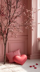 A pink themed room featuring a blossoming tree pillows and heart accents near a window frame