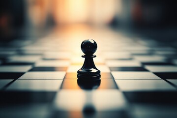 Single Black Pawn on a Chessboard with Blurred Background Light