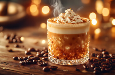 Carajillo coffee cocktail served on rustic wood table. Espresso, vanilla liqueur mix. Classic Spanish hot drink with coffee beans, foam. Refreshing beverage, delicious dessert.