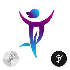 Woman dancing elegant stylized logo. Happy human figure with hands up. Positive inspired and encouraged people concept colorful gradient icon