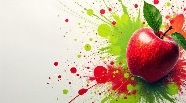 Abstract splatter background with vibrant red and green apple pigments on textured canvas – playful artistic vibe with copy space