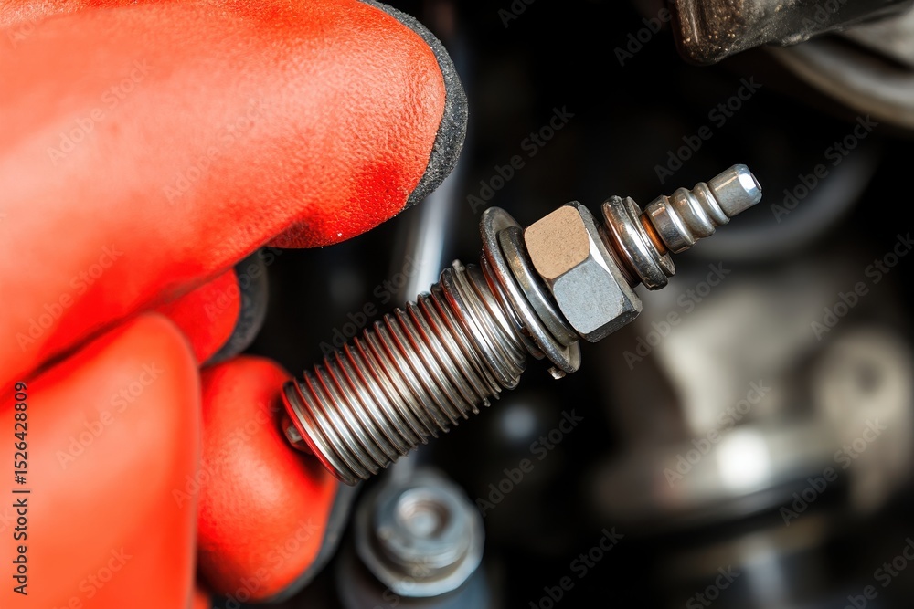 Poster close-up of hand with red gloves holding engine component part