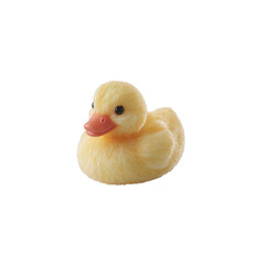 A cute, fluffy yellow duck toy sitting on a white isolated background, perfect for children's themes, decoration, or playful designs.