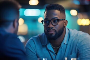 Thoughtful Man with Glasses Engaged in Conversation at Restaurant