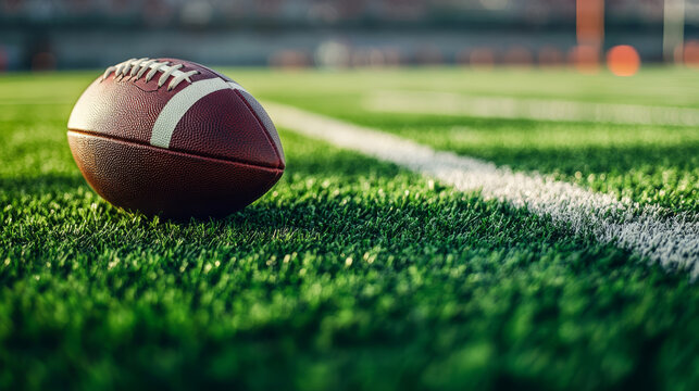 Close-up view of an American football resting on a grass field, positioned on the yard line. A classic, generic sports image.

