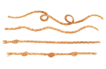 Watercolor set of twisted ropes and cords in various shapes and knots. Hand-drawn marine illustration isolated on white background. Perfect for marine themes, nautical design, or decorative purposes.  © DarkberryStudio