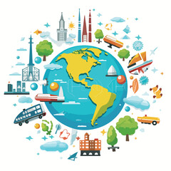 Obraz premium Global travel concept depicted with earth globe and various travel-related icons on a dark background