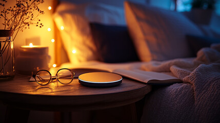 A wireless charging pad glowing faintly in the dark beside a bed in the background