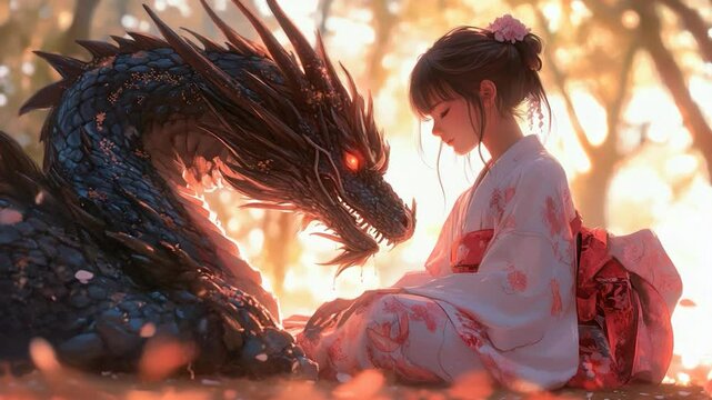 Figure in kimono with dragon digital art cultural theme fantasy design