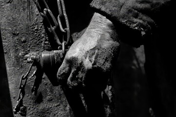 Close-Up of Worker&rsquo;s Hand Grasping Rusty Chain in Black and White