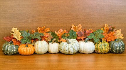 Festive Thanksgiving scene featuring row of assorted pumpkins and gourds in orange, white, and green, decorated with colorful autumn leaves on wooden surface, evoking warmth and celebration