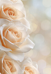 Pale vintage roses with soft petals form delicate bottom edge row, creating romantic and dreamy floral background with gentle pastel tones and bokeh effect