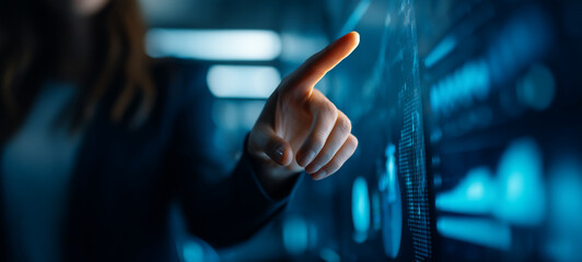 Closeup of confident businesswoman hand interacting with digital touchscreen interface, technology and innovation in modern office environment