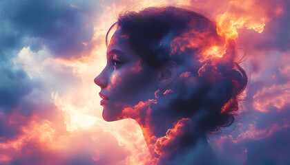 Artistic double exposure image of woman profile intertwined with clouds. Symbolizes nature, human emotion. Surreal portrait, dramatic atmospheric beauty, movement, energy, face expression art.