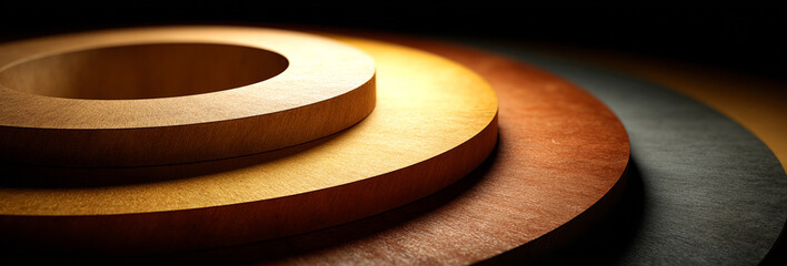 Concentric circular wooden layers in warm tones, illuminated by soft light, create harmonious abstract pattern with smooth texture and natural feel