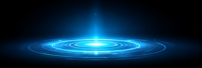 Futuristic glowing blue concentric circles with connecting lines form digital portal on dark background, evoking sense of technology and innovation