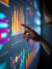 Dynamic midshot of young businesswoman analyzing colorful data charts on digital screen, focusing on interactive graphs and financial statistics in modern office setting