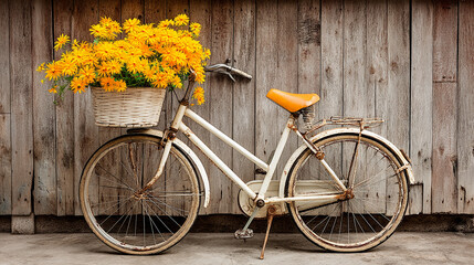 Vintage bicycle yellow flower wicker basket rustic wood old fashioned retro outdoor charming countryside decorative