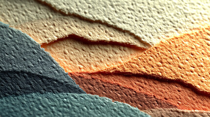 Textured paper background with layered torn edges in blue, orange, and cream colors, creating abstract landscape pattern with tactile, organic feel