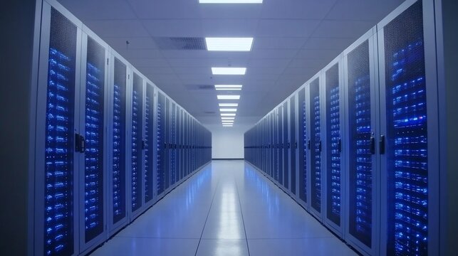 Rows of illuminated server racks in a modern data center