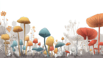 A charming hand-drawn sketch of a mushroom forest, brought to life with soft, whimsical colors against a clean white background. Generative AI