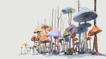 A charming hand-drawn sketch of a mushroom forest, brought to life with soft, whimsical colors against a clean white background. Generative AI