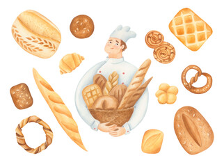 Cute baker with a basket of bread, and a set of pastries: buns, pretzels, bagels, and bread. Watercolor illustration on white background for packaging design, children's content, and cafe branding.