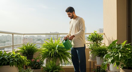 Man Watering Plants on a Balcony with City View