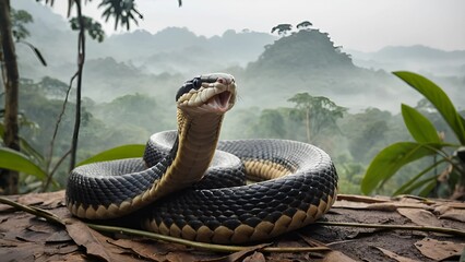 A king cobra rearing up in a defensive stance hood spread wide misty jungle in the background.