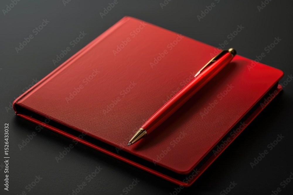 Poster a red notebook with a red cover and a red notebook on a black background