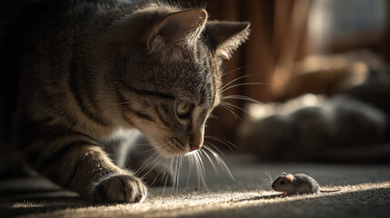 A playful cat engaging with a mouse, captured in a candid and dynamic moment of curiosity and instinct. Generative AI