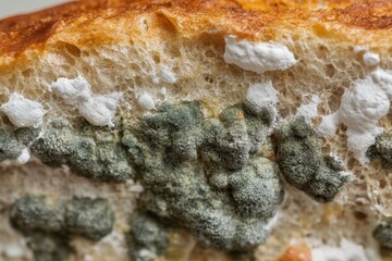 Closeup shot of green and white mold growing on bread kitchen macro photography indoor environment detailed viewpoint fungal growth analysis