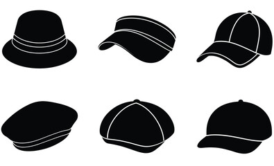 Cap Silhouette Set – Vector Headwear Collection Featuring Baseball, Snapback, Beanie, and Flat Cap Designs

