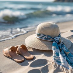 Beach Hat and Sandals on Sandy Shore with Ocean Waves in Background

