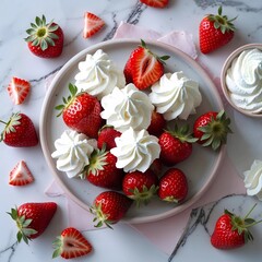 Fresh Strawberries with Whipped Cream on White Plate – Sweet Dessert Flatlay