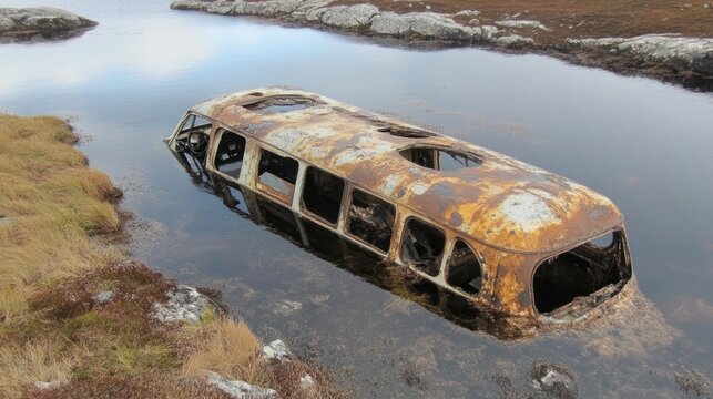 Sunken rusty bus, lochside, highlands, Scotland, reflection, decay, abandoned, travel