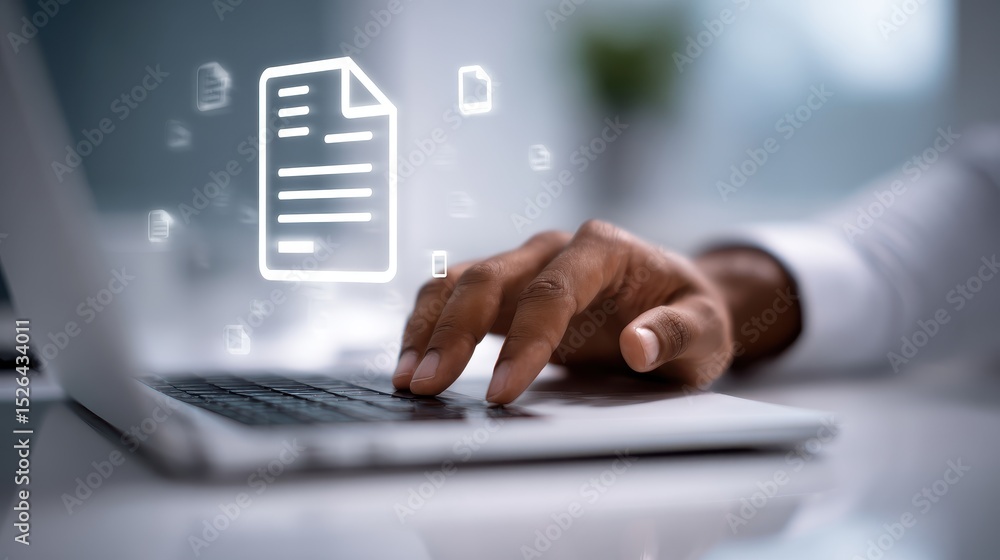 Poster person's hand typing on laptop with digital document icon floating above keyboard digital file manag