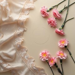 Romantic Flatlay with Pink Carnation Flowers and Cream Lace Fabric on Beige Background
