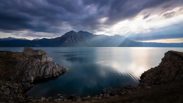 Dramatic Mountain Lake Landscape Sunbeams Piercing Storm Clouds