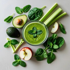 Flatlay of Green Smoothie with Fresh Avocado, Spinach, Celery, and Apple on White Background