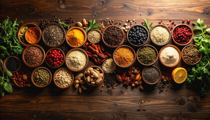 Creative arrangement of superfood ingredients on a wooden table for a warm earthy feel with rich textures and colors