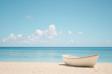 serene tropical island scene featuring solitary vessel on shore