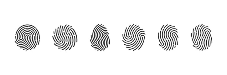 Set of black fingerprint vector icons. Includes unique biometric fingerprint patterns for identity, security, scanning, and authentication. Minimal, modern line style for UI and apps.