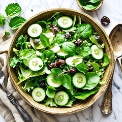 Fresh Green Salad with Cucumber Slices in Wooden Bowl